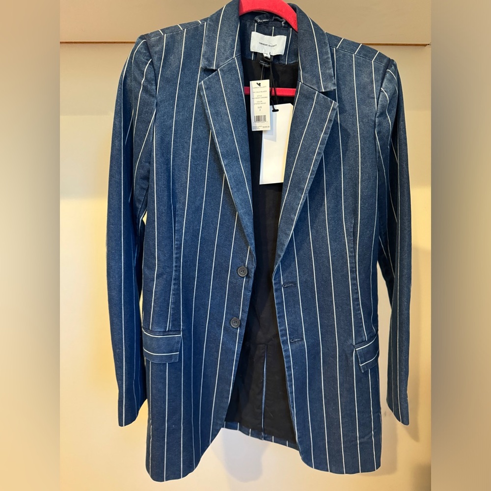 Women’s blue  , long , white pinstriped blazer.